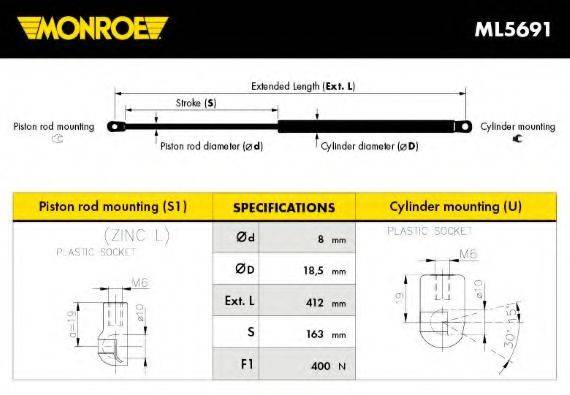 MONROE ML5691 Газова пружина, кришка багажника