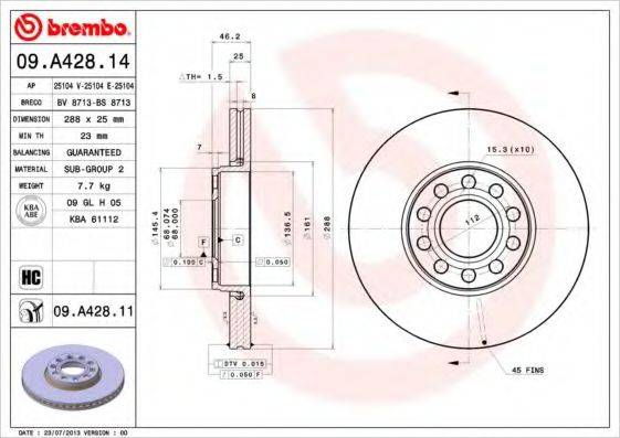 BREMBO 09A42814 гальмівний диск